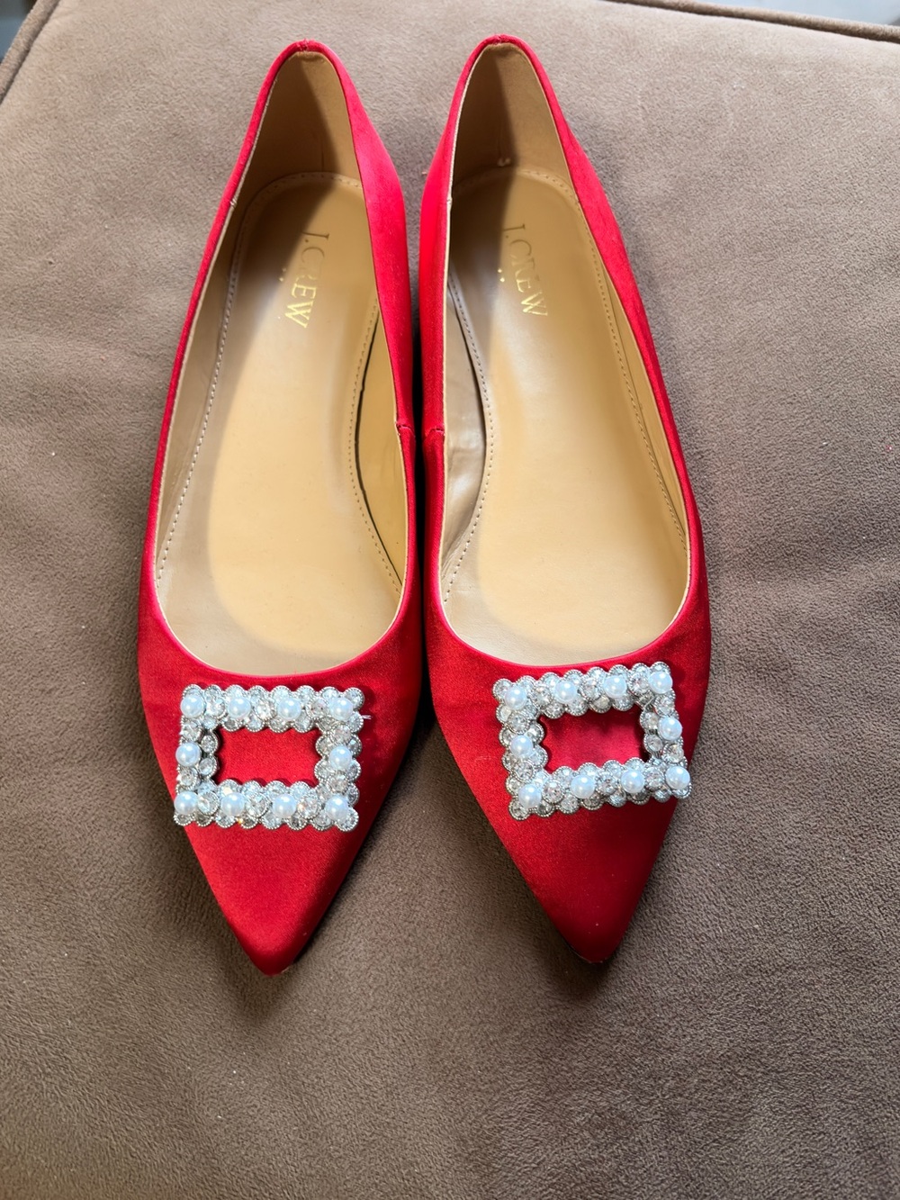 J.CREW
Red Satin Pointed Toe Flats with Crystal Buckle